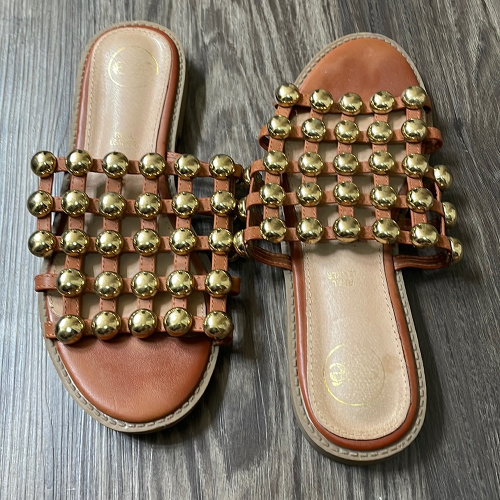 Genuine leather with gold embellishment sandals - size 7.5 (European size 38)